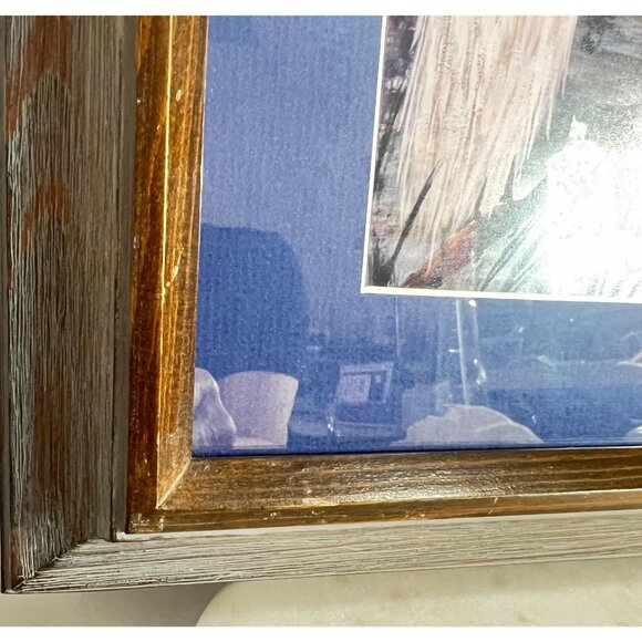 Vtg White Heron Egret Bird Print Framed Wall Art Rustic Wood Frame Blue Matte - Picture 3 of 12